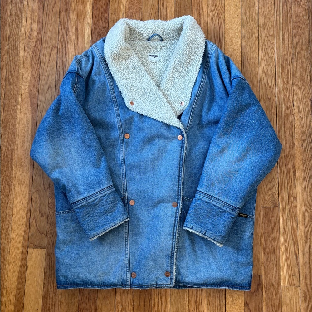 Wrangler Cream Sherpa Denim Western Chore Jacket Coat Large